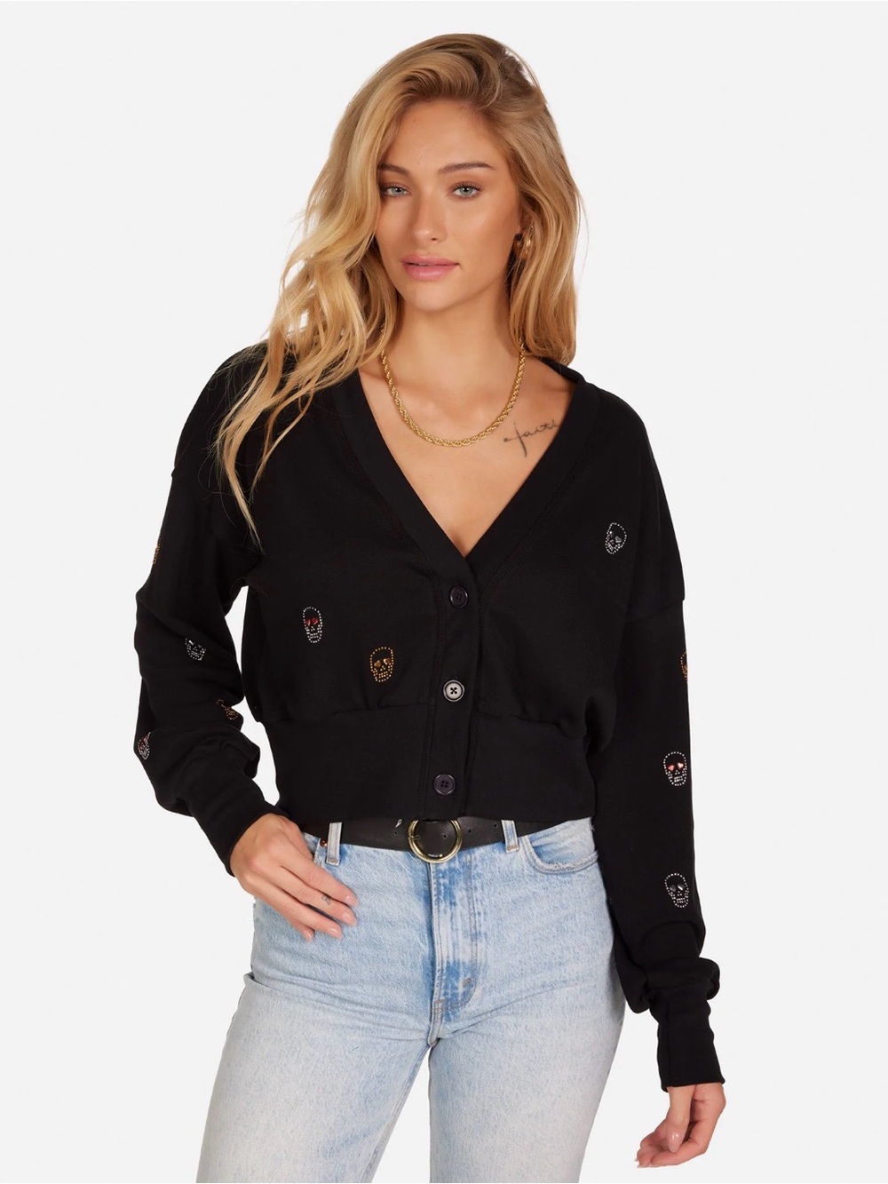 Lauren Moshi CAMAS Stud Heart Eyes Skulls Cardigan Sweater